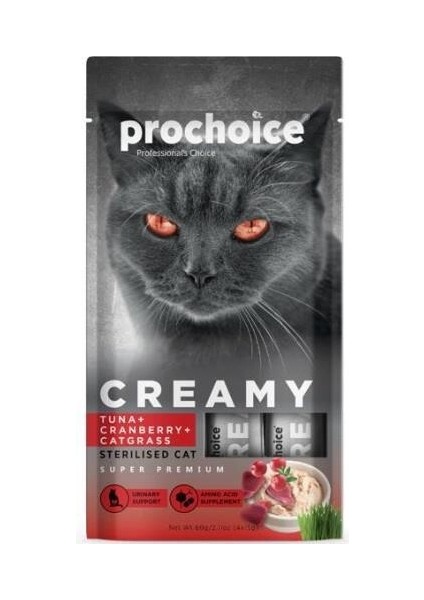 Prochoice Creamy Kısırlaştırılmış Kediler Için Ton Balıklı Kızılcıklı Kedi Çimi Içerikli Sıvı Kedi Ödül 4X15 gr