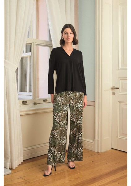 Kadın Çiçek Yaprak ve Etnik Desenli Uzun Kollu Pijama Takımı 24149