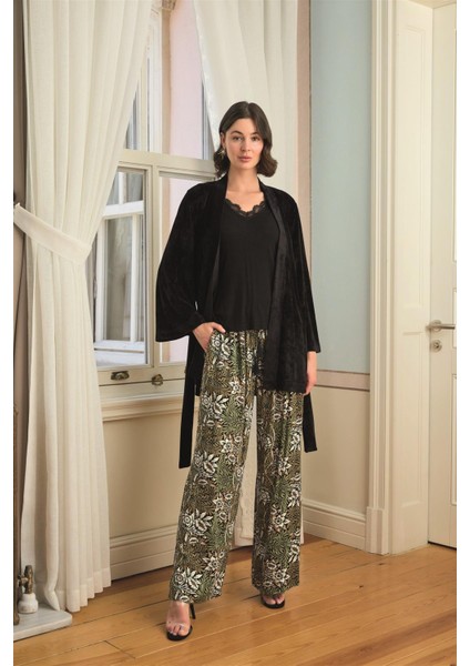 Kadın Çiçek Yaprak ve Etnik Desenli Dantelli 3'lü Pijama Takımı 24148 fiyatları