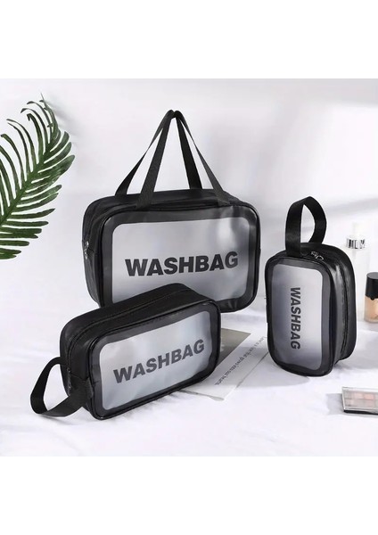 Seyahat Makyaj Çantası Washbag Taşınabilir Pvc Su Geçirmez 3'lü Çanta Seti Siyah