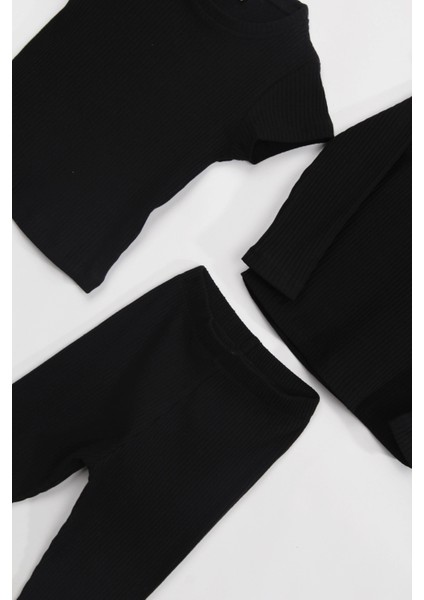 Fırfır Detaylı Pamuklu Üçlü Kız Çocuk Takımı Siyah fırsatları