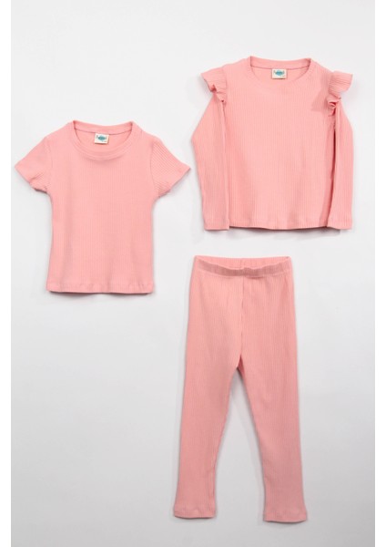 Fırfır Detaylı Pamuklu Üçlü Kız Çocuk Takımı Yavruağzı