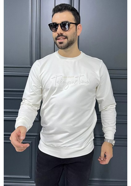 Erkek Bisiklet Yaka Yazı Kabartmalı Sweatshirt