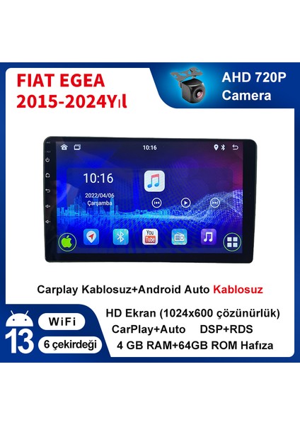 Fiat Egea 2015-2024 Yıl 4gb Ram+ 64GB Rom Hafıza Multimedya Android Sürüm 13 Kablosuz Carplay Navigasyon 9 Inç Ekran Çerçeveli ve Arka Görüş Kameralı