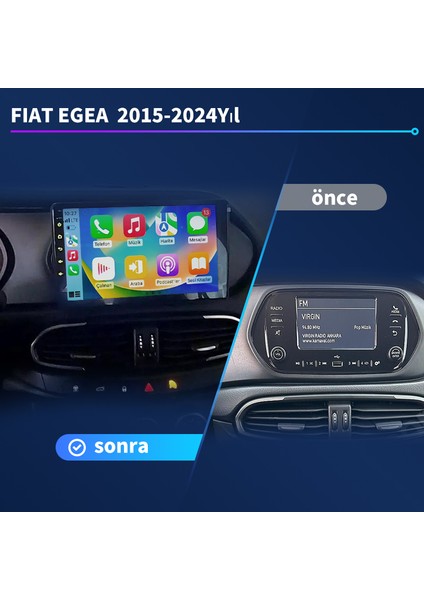 Fiat Egea 2015-2024 Yıl 4gb Ram+ 64GB Rom Hafıza Multimedya Android Sürüm 13 Kablosuz Carplay Navigasyon 9 Inç Ekran Çerçeveli ve Arka Görüş Kameralı