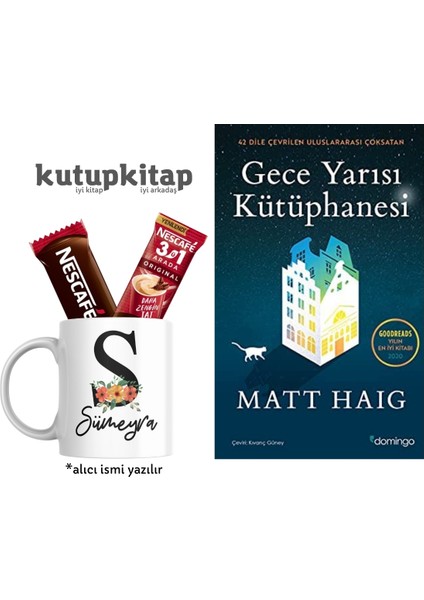 Kutupkitap Kişiye Özel Kupa Kahve Not Gece Yarısı Kütüphanesi Kitap Hediye Seti