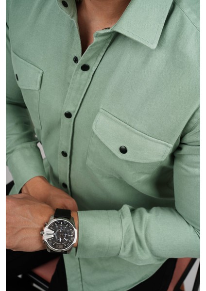 Su Yeşili Slimfit Gerçek Kot Erkek Gömlek