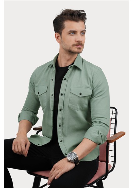 Su Yeşili Slimfit Gerçek Kot Erkek Gömlek fiyatları