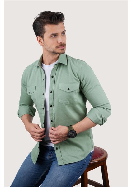 Su Yeşili Slimfit Gerçek Kot Erkek Gömlek fırsatları