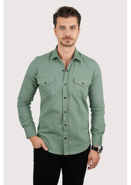 Su Yeşili Slimfit Gerçek Kot Erkek Gömlek indirimleri