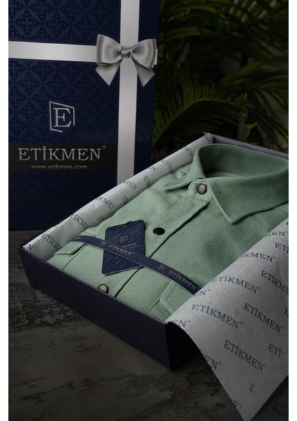 Su Yeşili Slimfit Gerçek Kot Erkek Gömlek