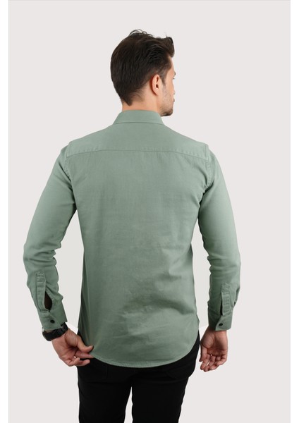 Su Yeşili Slimfit Gerçek Kot Erkek Gömlek