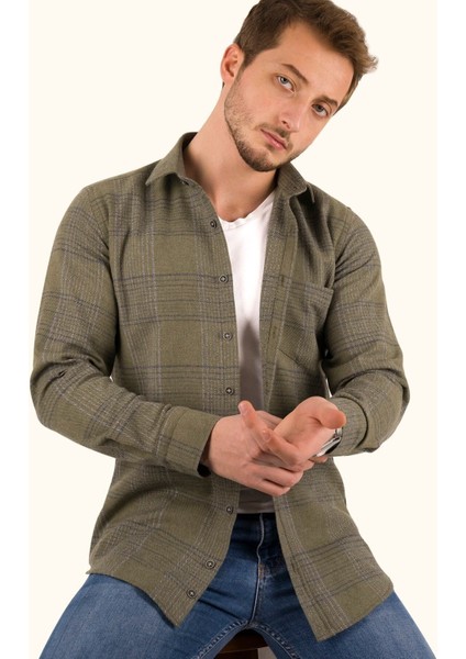 Haki Tek Cepli Slimfit Oduncu Erkek Gömlek