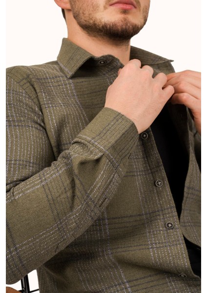 Haki Tek Cepli Slimfit Oduncu Erkek Gömlek