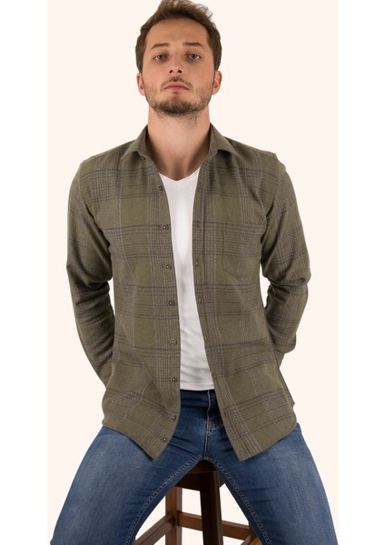 Haki Tek Cepli Slimfit Oduncu Erkek Gömlek