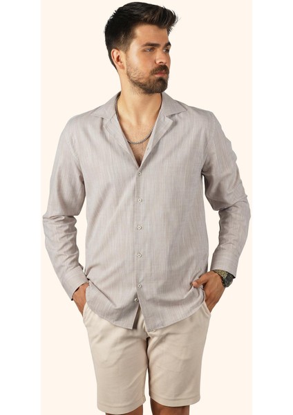 Sütlü Kahve Keten Apaj Yaka Oversize Erkek Gömlek indirimleri