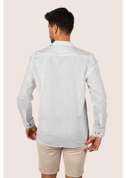 Beyaz Keten Apaj Yaka Oversize Erkek Gömlek