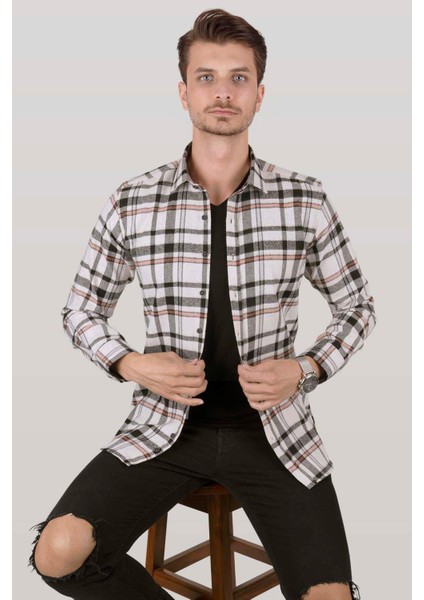 Beyaz Siyah Çizgili Slimfit Oduncu Erkek Gömlek modelleri