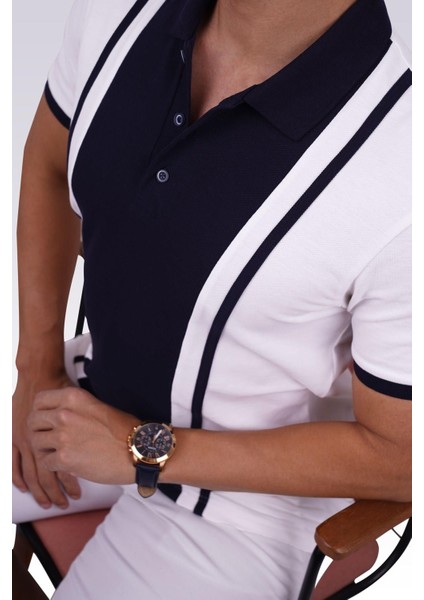 Beyaz Lacivert Çift Renkli Erkek Polo Yaka Tişört
