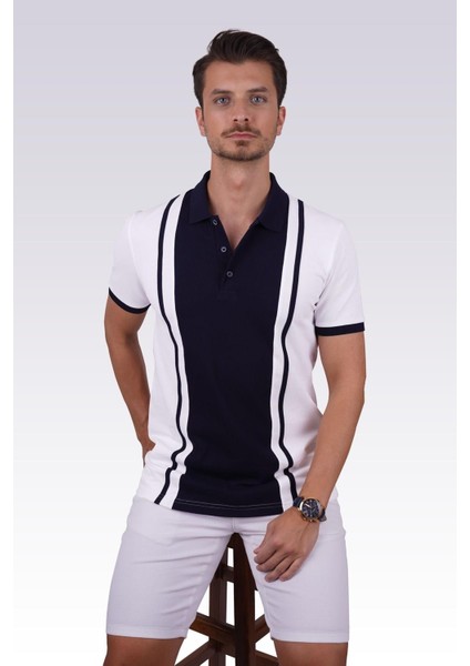 Beyaz Lacivert Çift Renkli Erkek Polo Yaka Tişört