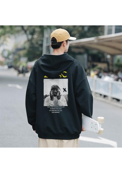 2pac Baskılı Siyah Unisex Oversize Kapüşonlu Sweatshirt