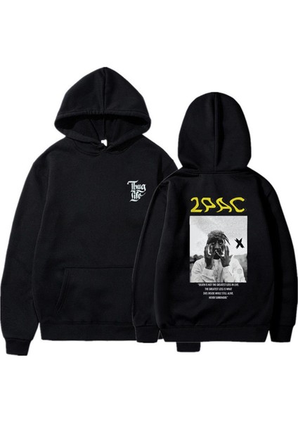 2pac Baskılı Siyah Unisex Oversize Kapüşonlu Sweatshirt