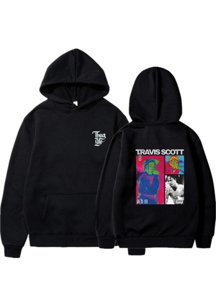 Travis Scott Baskılı Siyah Unisex Oversize Kapüşonlu Sweatshirt