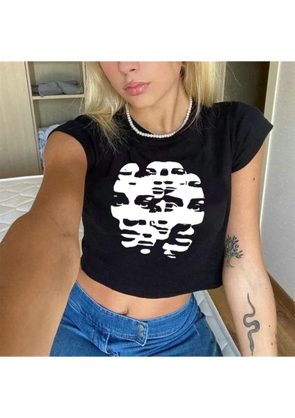 Y2K Face To Face Siyah Crop
