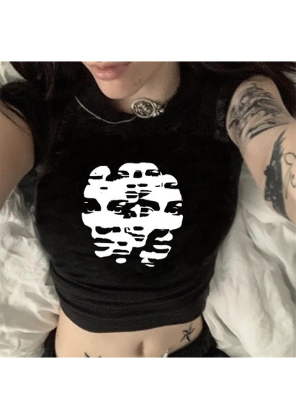Y2K Face To Face Siyah Crop