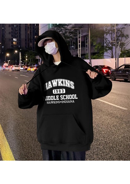 Hawkins Baskılı Siyah Unisex Oversize Kapüşonlu Sweatshirt