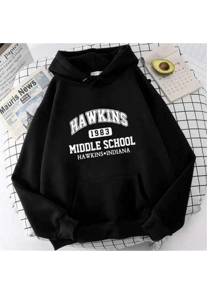 Hawkins Baskılı Siyah Unisex Oversize Kapüşonlu Sweatshirt