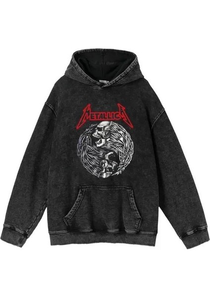 Metallica Baskılı Yıkamalı Vintage Unisex Oversize Kapüşonlu Sweatshirt