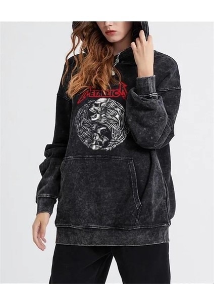 Metallica Baskılı Yıkamalı Vintage Unisex Oversize Kapüşonlu Sweatshirt