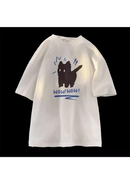 Wow Cat Baskılı Beyaz Unisex Oversize T-Shirt