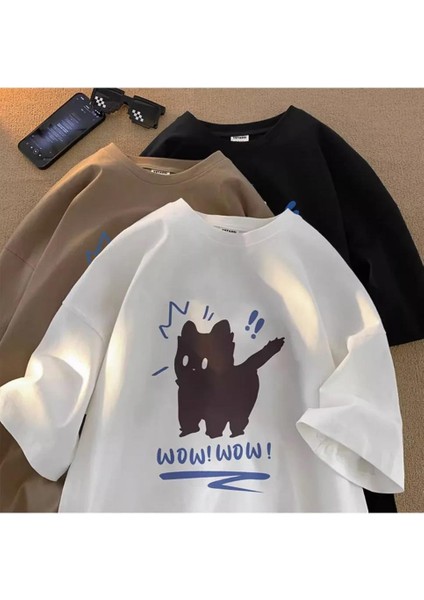 Wow Cat Baskılı Beyaz Unisex Oversize T-Shirt