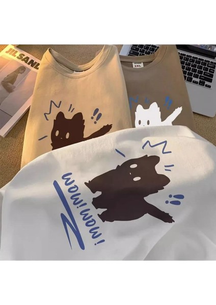 Wow Cat Baskılı Beyaz Unisex Oversize T-Shirt