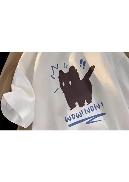 Wow Cat Baskılı Beyaz Unisex Oversize T-Shirt