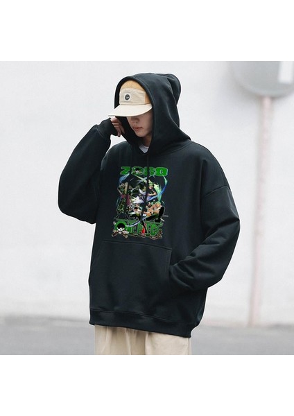 One Piece Zoro Swords Baskılı Siyah Unisex Oversize Kapüşonlu Sweatshirt