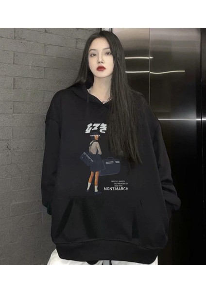 March Iddeverray Baskılı Siyah Unisex Oversize Kapüşonlu Sweatshirt