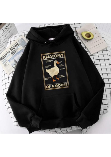 Duck Anatomy Baskılı Siyah Unisex Oversize Kapüşonlu Sweatshirt