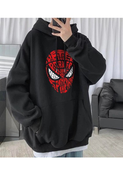 Spider-Man Head Baskılı Siyah Unisex Oversize Kapüşonlu Sweatshirt