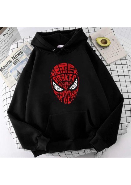 Spider-Man Head Baskılı Siyah Unisex Oversize Kapüşonlu Sweatshirt