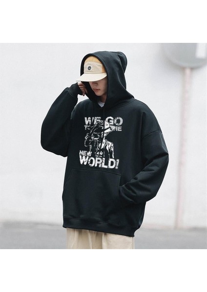 One Piece We Go Baskılı Siyah Unisex Oversize Kapüşonlu Sweatshirt