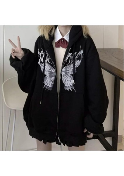 Harajuku Butterfly Kelebek Baskılı Oversize Fermuarlı Siyah Unisex Kapüşonlu Hırka