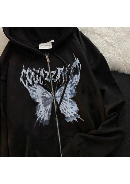 Harajuku Butterfly Kelebek Baskılı Oversize Fermuarlı Siyah Unisex Kapüşonlu Hırka fiyatları