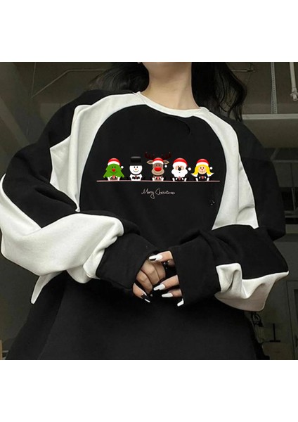 Streetwear New Year Merry Christmas Baskılı Siyah Unisex Oversize Bisiklet Yaka Sweatshirt