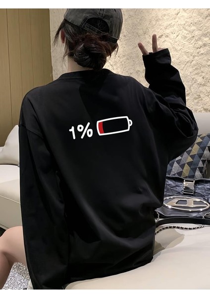 Sırt Baskı Low Battery Siyah Unisex Oversize Bisiklet Yaka Sweatshirt