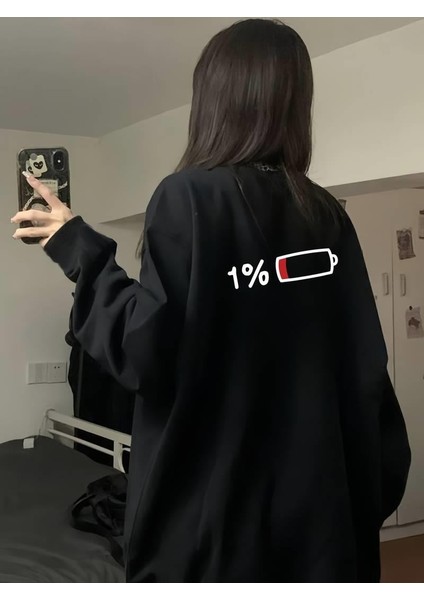 Sırt Baskı Low Battery Siyah Unisex Oversize Bisiklet Yaka Sweatshirt