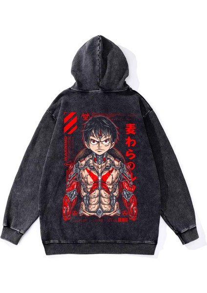 Yıkamalı Kumaş Anime One Piece Luffy Kapüşonlu Hoodie Sweatshirt