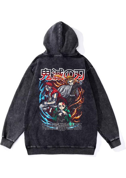 Yıkamalı Kumaş Anime Demon Slayer Kapüşonlu Hoodie Sweatshirt